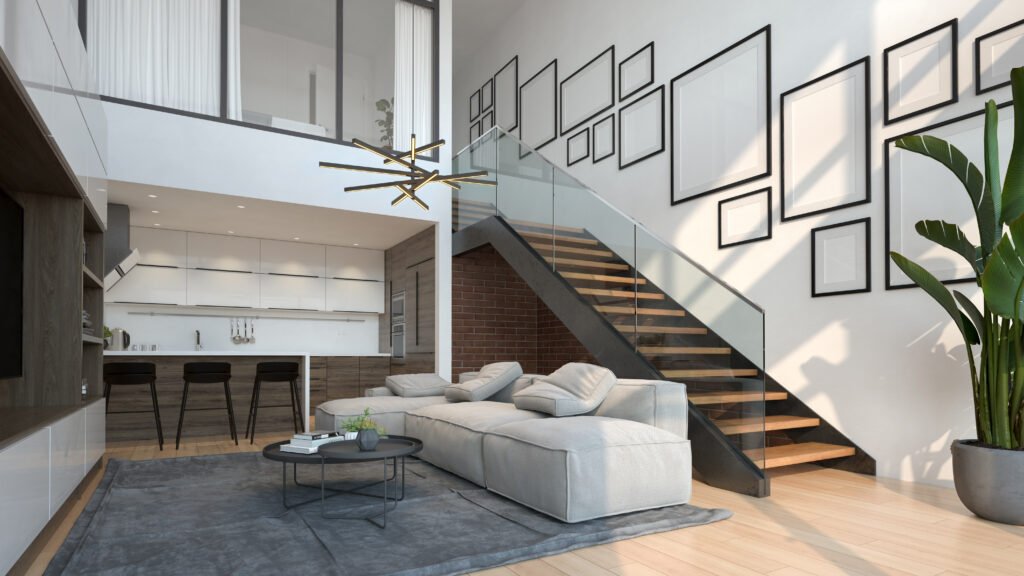Minimalist Interior of modern living room 3 D rendering